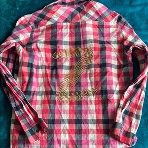 Zumba Plaid Button Down Shirt with Gold Z Accent